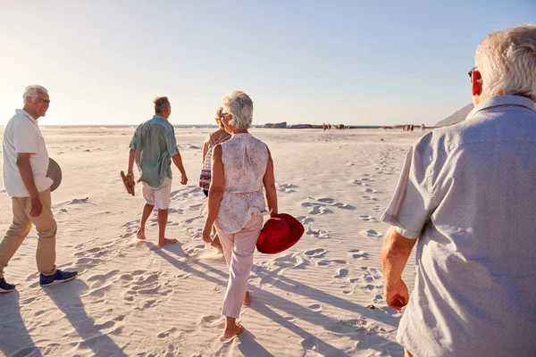 Bakifrån Senior Friends Promenader Längs Sandstranden Sommaren Grupp Semester — Stockfoto