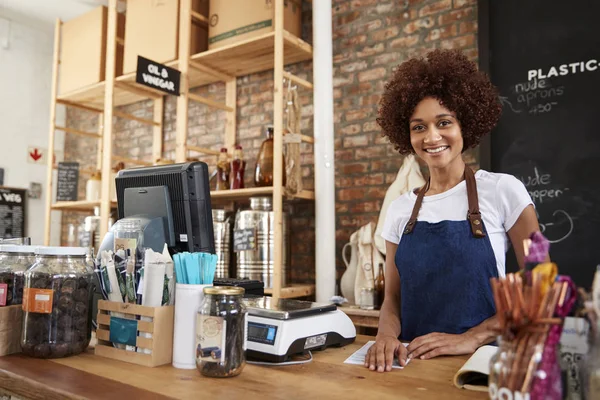 Portrait Female Owner Sustainable Plastic Free Grocery Store Sales Desk — Stock Photo, Image