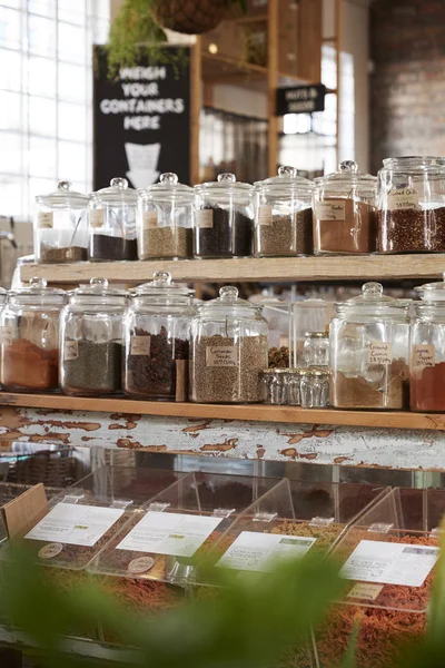 Visning Kryddor Hållbara Plastförpackningar Gratis Livsmedelsbutik — Stockfoto