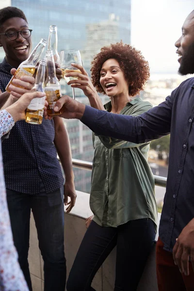 Smiling Creative Business Colleagues Drinking Work Raising Glasses Make Toast — Stock Photo, Image