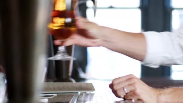 Close Barman Entregando Aos Clientes Copo Cerveja Coquetel Frente Balcão — Vídeo de Stock