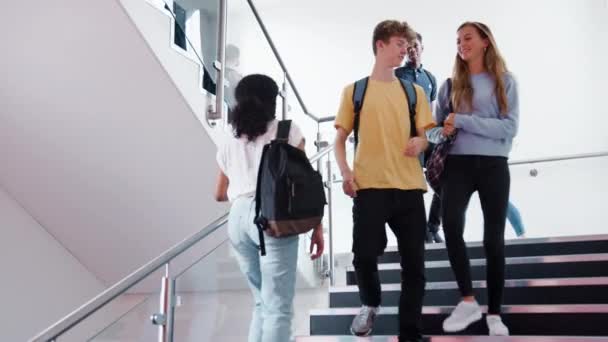 Μαθητές Λυκείου Και Δάσκαλος Που Περπατούν Στην Πολυσύχναστη Σκάλα Μεταξύ — Αρχείο Βίντεο
