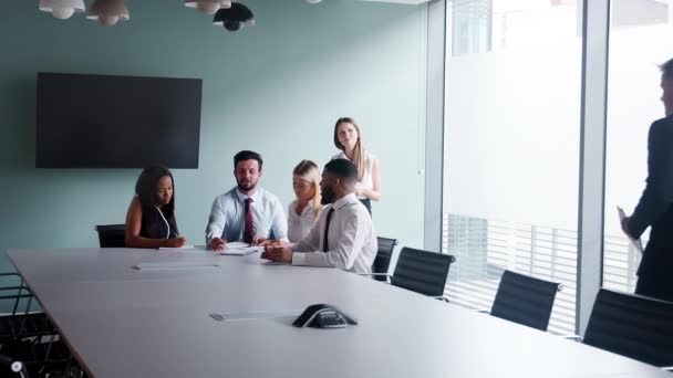 Businessman Businesswoman Observing Candidates Collaborating Group Task Recruitment Day Shot — Stock Video