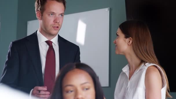 Businessman Businesswoman Observing Candidates Collaborating Group Task Recruitment Day Shot — Stock Video