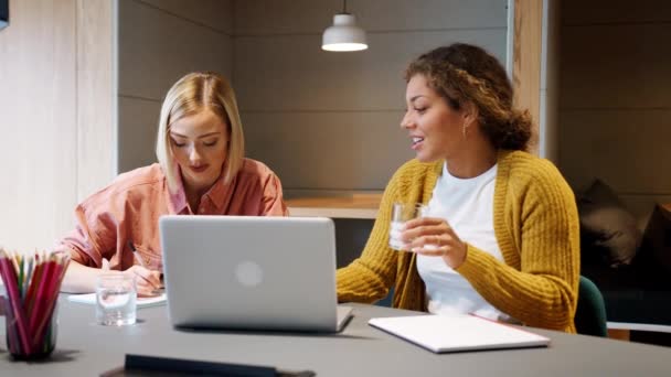 オフィスのラップトップコンピュータで一緒に座って働く2人の若い成人女性の正面図 選択的な焦点 — ストック動画