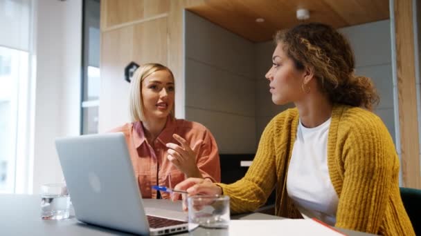 Vue Angle Bas Deux Jeunes Femmes Souriantes Assis Dans Bureau — Video