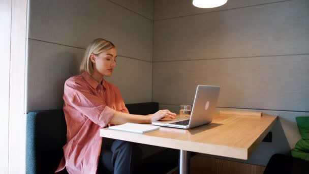 Vista Lateral Joven Mujer Caucásica Trabajando Sola Portátil Una Mesa — Vídeos de Stock