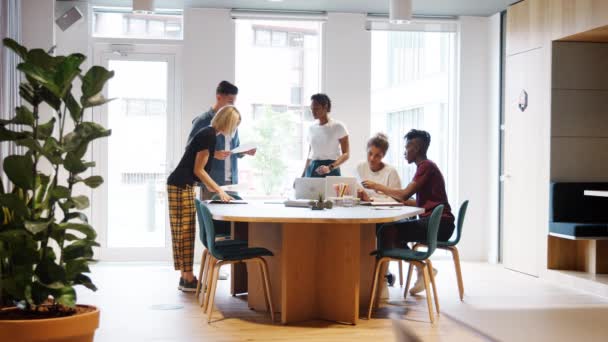 Equipo Creativo Del Milenio Haciendo Papeleo Juntos Pie Sentados Alrededor — Vídeos de Stock