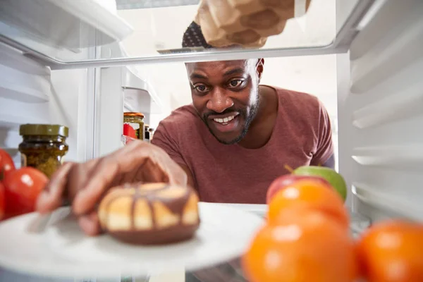 View Looking Out Refrigerator Man Opens Door Reaches Unhealthy Donut — Stock Photo, Image