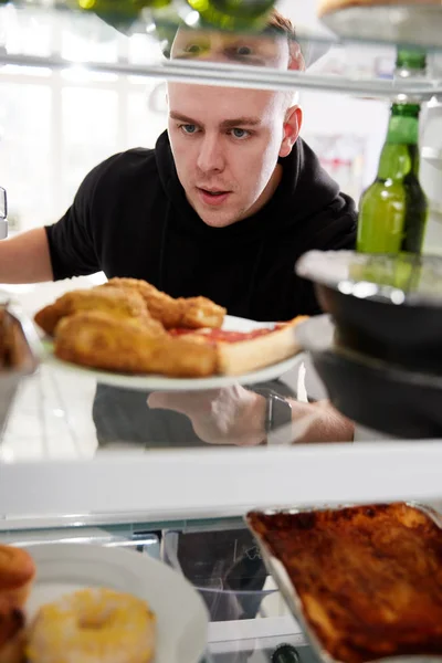 View Looking Out Refrigerator Filled Unhealthy Takeaway Food Man Opens — Stock Photo, Image