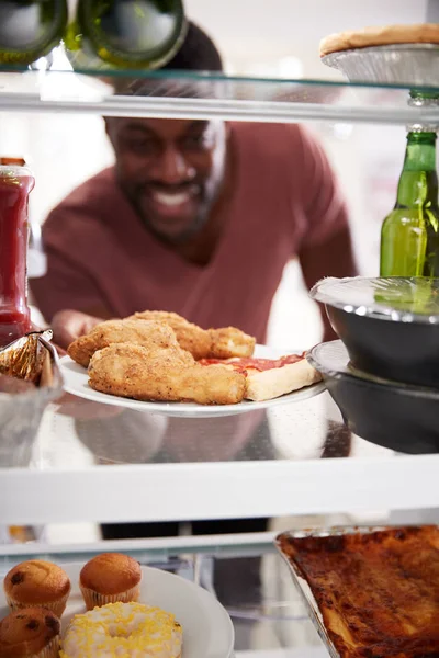 View Looking Out Refrigerator Filled Takeaway Food Man Opens Door — Stock Photo, Image