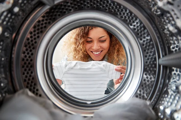 View Looking Out Washing Machine Woman Takes Out Baby Clothes — Stock Photo, Image