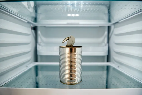 View Looking Refrigerator Empty Open Tin Can Shelf — стоковое фото