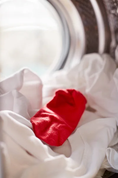 View Looking Out Washing Machine Red Sock Mixed White Laundry — Stock Photo, Image