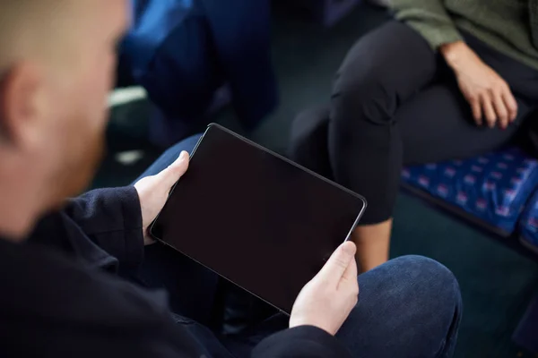 Close Male Passenger Sitting Train Digital Ticket Tablet Computer — Stock Photo, Image