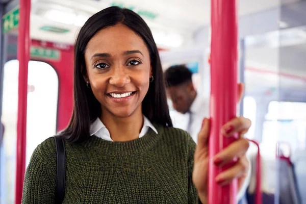 Portrait Smiling Female Passenger Standing Doors Train — Stock Photo, Image