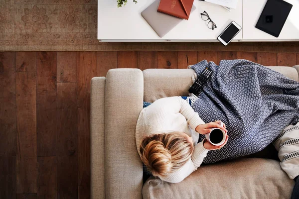 Overhead Shot Looking Woman Home Lying Sofa Watching Television — Stock Photo, Image