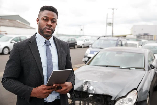 Portrait Insurance Loss Adjuster Digital Tablet Inspecting Damage Car Motor — Stock Photo, Image
