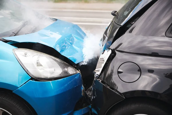 Close Two Cars Damaged Road Traffic Accident — Stock Photo, Image