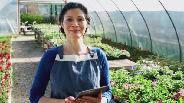 Retrato Mujer Madura Dueña Del Centro Jardinería Sosteniendo Tableta Digital — Vídeos de Stock