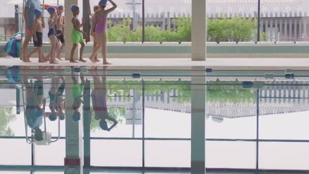 在游泳课上 男教练带着孩子们沿着游泳池边慢慢走向摄像镜头 — 图库视频影像