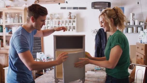 Couple Workshop Upcycling Restoring Cabinet Together Shot Slow Motion — Stock Video