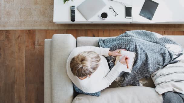 Overhead View Looking Woman Working Social Media Influencer Lying Sofa — Stock Video