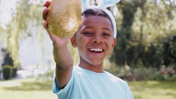 Portrait Boy Wearing Bunny Ears Easter Egg Hunt Outdoors Home Video Clip