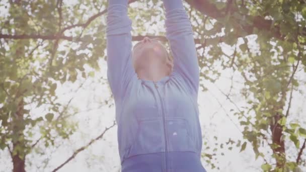 Mujer Extendiendo Los Brazos Celebrando Naturaleza Mientras Sol Brilla Través — Vídeos de Stock