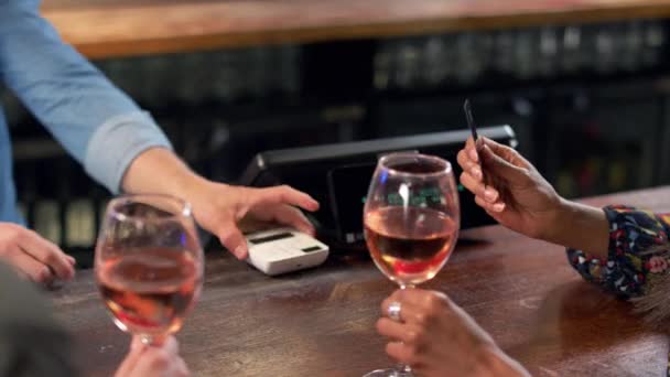 Close Woman Paying Drinks Bar Using Contactless Card Shot Slow — Stock Video