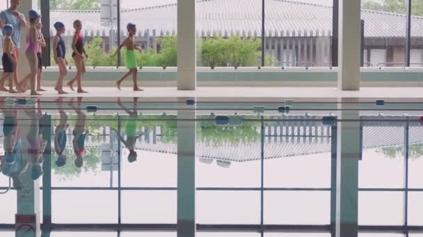 Чоловічий Тренер Прогулює Дітей Класі Плавання Вздовж Краю Басейну Камери — стокове відео