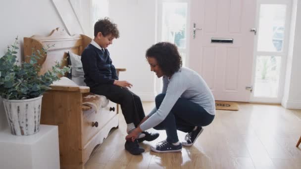 Madre Ayudando Hijo Ponerse Nuevo Uniforme Escolar Casa Primer Día — Vídeos de Stock