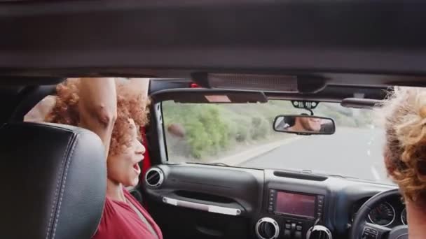 興奮した若い友人のグループは 夏休みに国の道路に沿ってオープントップの車を運転 スローモーションで撮影 — ストック動画