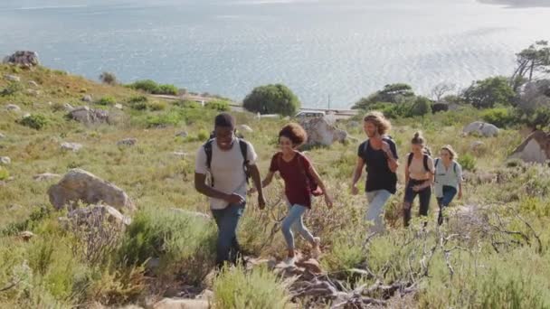 美しい田園地帯を通って海岸沿いのパス上の崖をハイキングする若い友人のグループ スローモーションで撮影 — ストック動画