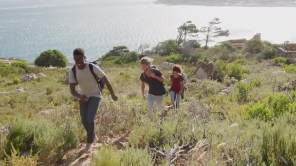 一群年轻的朋友在美丽的乡间小径上爬上悬崖 慢动作射击 — 图库视频影像