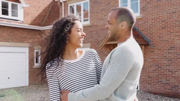 Portrait Excited Couple Standing New Home Holding Keys Smiling Camera — 비디오