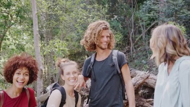 Retrato Jovens Amigos Caminhando Através Belo Campo Junto Filmado Câmera — Vídeo de Stock