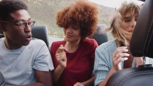 興奮した若い友人のグループは 夏休みに国の道路に沿ってオープントップの車を運転 スローモーションで撮影 — ストック動画
