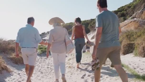 Οπίσθια Όψη Οικογένειας Πολλών Γενεών Διακοπές Περπατώντας Κατά Μήκος Αμμώδους — Αρχείο Βίντεο