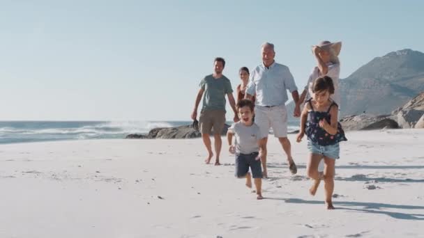 Wielopokoleniowa Rodzina Letnich Wakacjach Spacerująca Wzdłuż Piaszczystej Plaży Dziećmi Biegnącymi — Wideo stockowe