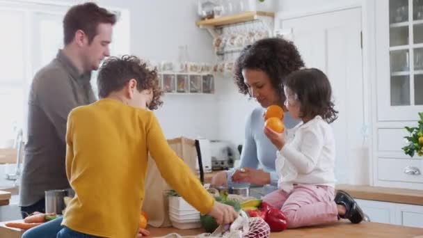 Familia Volviendo Casa Viaje Compras Llevando Comestibles Bolsas Plástico Gratis — Vídeo de stock