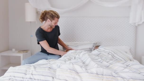 Man Bringing Sleeping Woman Breakfast Bed Celebrate Birthday Valentines Day — Stock Video