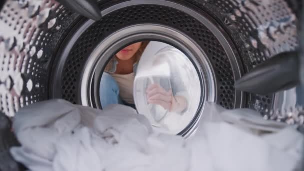 View Washing Machine Woman Opens Door Takes Out White Washing — Stock Video