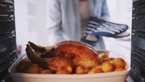 Vista Desde Interior Del Horno Como Mujer Abre Puerta Saca — Vídeos de Stock