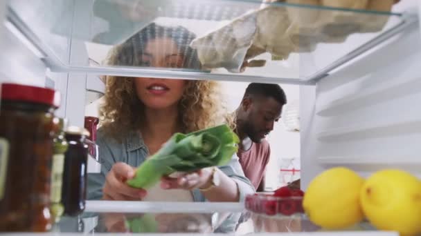 Вид Изнутри Холодильника Пара Открытых Дверей Распаковывает Продукты Многоразовых Торговых — стоковое видео