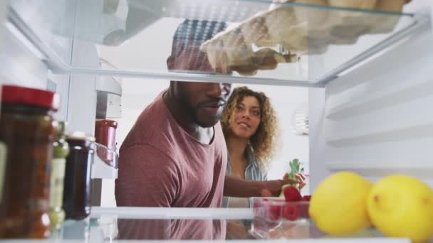 Vue Intérieur Réfrigérateur Comme Couple Porte Ouverte Déballage Épicerie Sacs — Video