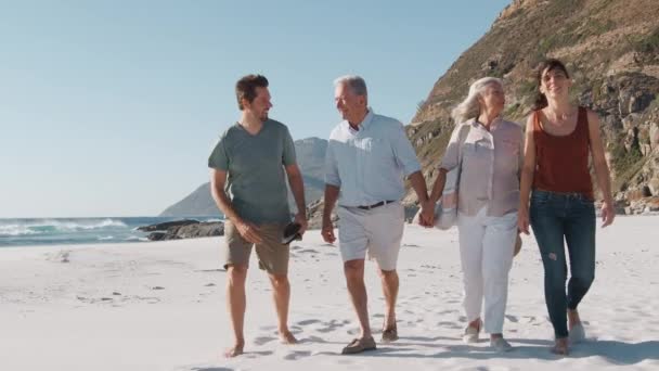 Äldre Föräldrar Sommarsemester Med Vuxna Avkommor Promenader Längs Sandstrand Skjuten — Stockvideo