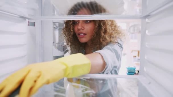 Vista Dentro Geladeira Como Mulher Usando Luvas Borracha Limpa Prateleiras — Vídeo de Stock