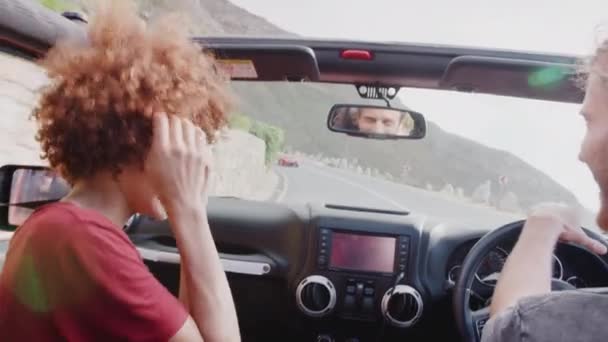 Excited Young Couple Driving Open Top Car Country Road Summer — Stock Video