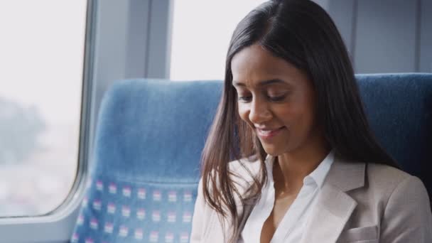 正在坐火车上下班的女商人慢吞吞地坐在车内检查手机短信 — 图库视频影像